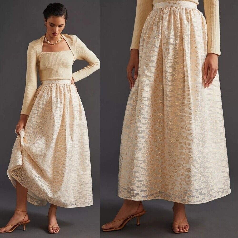 Anthropologie Cream Pleated A-line Maxi Skirt